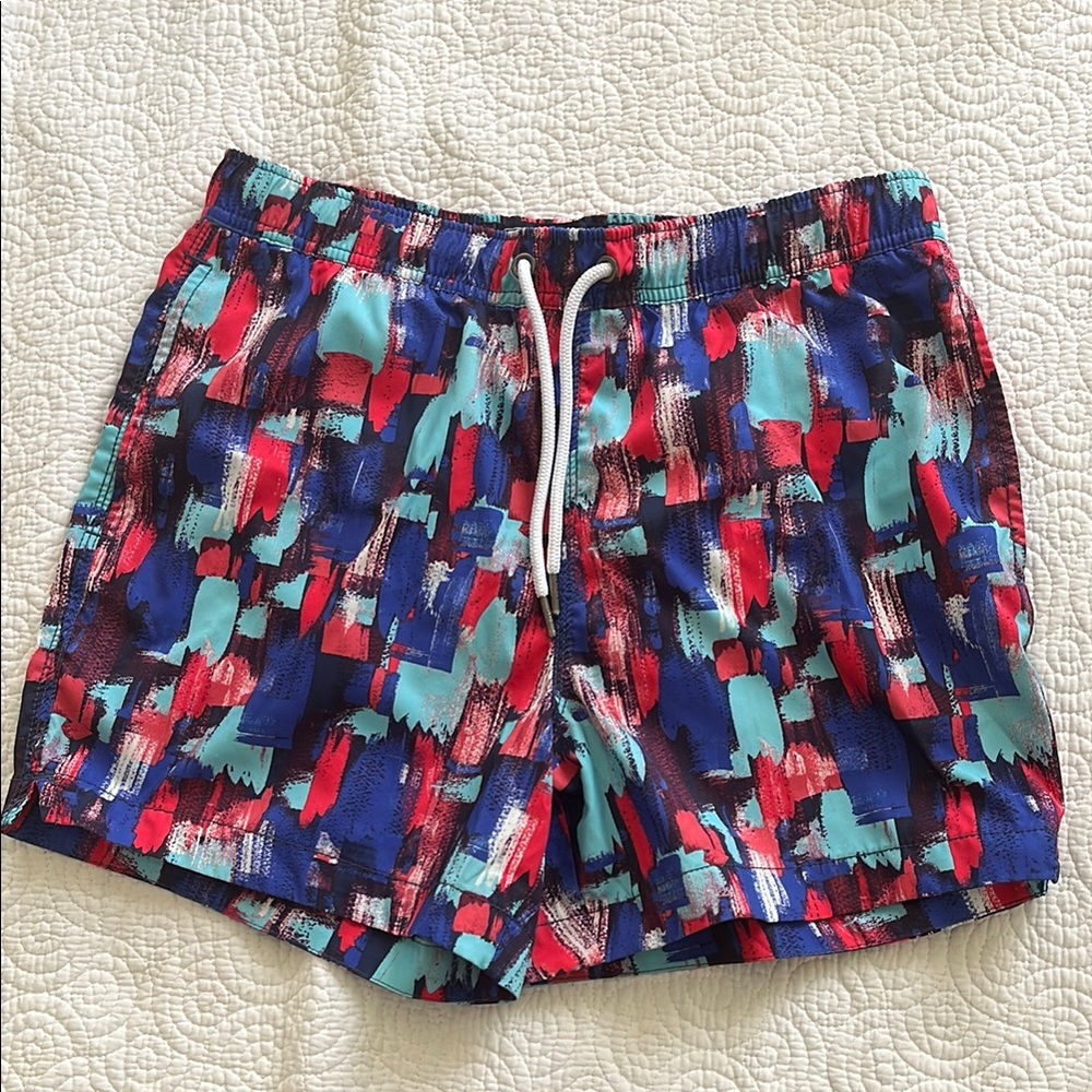 Red and Blue Athletic Shorts with Geometric Pattern